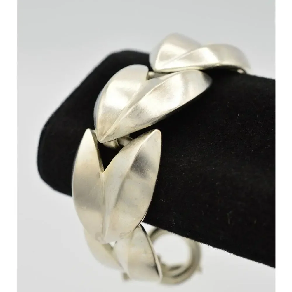 Givenchy Vintage Chunky Bracelet Brushed Silver Leaf Matte Signed 80s 1980s Bin2